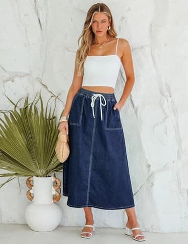 luvamia Denim Skirts for Women Trendy A Line Long Maxi Pull On Elastic Waist Drawstring Stretchy Jean Skirt with Pockets Western Skirt Dark Blue Size X-Large Fits Size 16-18 - Image 6