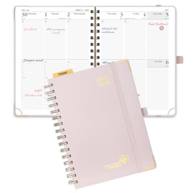 POPRUN Academic Planner 2025-2026 (July 2025-June 2026), Daily Weekly and Monthly Appointment Book (Wirebound Hard Cover - 6.25'' x 8.5'') with Hourly Time Slots, Tabs, 100 GSM - Light Pink - Image 1