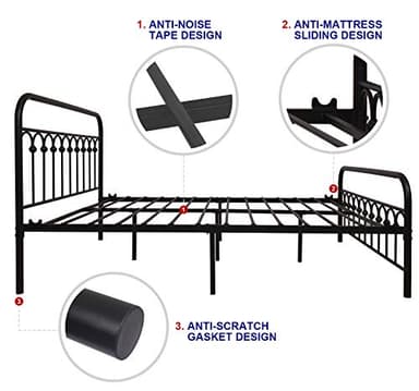 TUSEER Metal Bed Frame Queen Size with Vintage Headboard and Footboard Platform Base Wrought Iron Bed Frame (Queen,Black) - Image 5