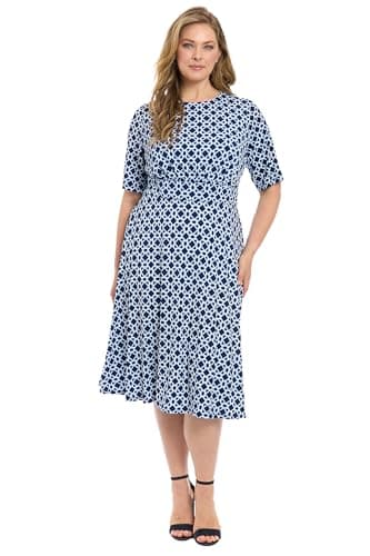 London Times Women's Dresses Inset Waist Midi Dress Career Office Occasion Guest of, Hexagon Geo - Navy/Blue, 4 - Image 1
