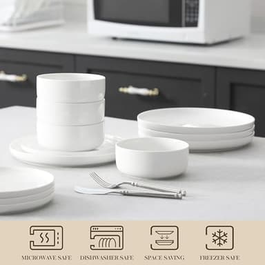 MALACASA Plates and Bowls Sets, 12 Pieces Porcelain Dinnerware Sets Dishware Sets Chip Resistant Ceramic Dish Set Dining Dinner Ware Service for 4, White, Series LUNA - Image 4