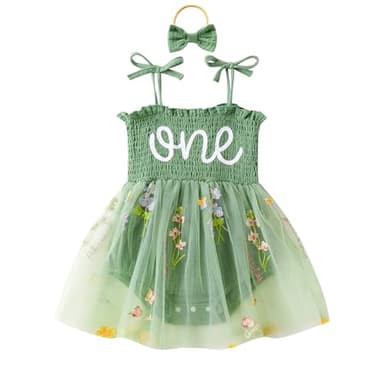 DLLYING 1st First Birthday Outfit Girl Baby Summer Sleeveless Smocked Fairy Berry Sweet 1 One Year Old Onesie Bodysuit Romper Tulle Dress + Headband Cake Smash Photo Shoot Clothes Green 1 Year - Image 1