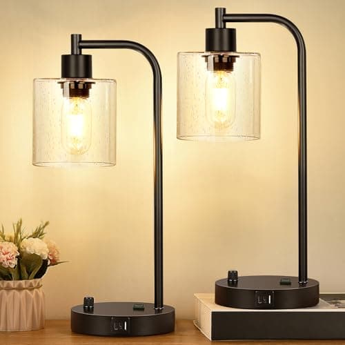Set of 2 Industrial Table Lamps with 2 USB Port, Fully Stepless Dimmable Bedside Lamps for bedrooms, Nightstand Desk Lamp with Seeded Glass Shade for Reading Living Room Office 2 LED Bulb Included - Image 1