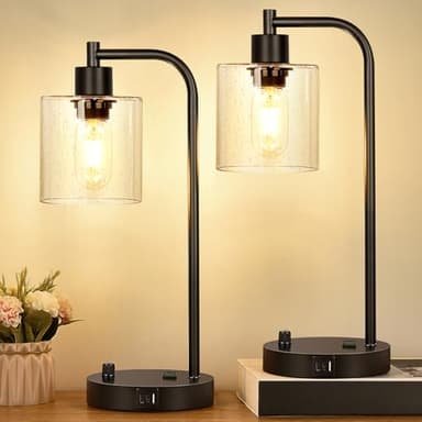 Set of 2 Industrial Table Lamps with 2 USB Port, Fully Stepless Dimmable Bedside Lamps for bedrooms, Nightstand Desk Lamp with Seeded Glass Shade for Reading Living Room Office 2 LED Bulb Included - Image 1