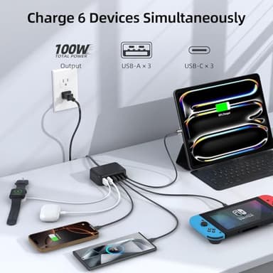 USB C Charger Block, 100W GaN 6 Port PD USB C QC USB A Wall Charger Adapter Plug Cube, Super Fast Type C Charging Station Hub for iPhone 17 16 15 14 13 Pro Max iPad Samsung Pixel 5ft Extension Cord - Image 3