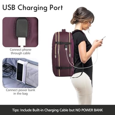 MOMUVO Large Travel Backpack Women, Flight Approved Carry On Backpack, Water Resistant Anti-Theft Large Casual Daypack Fit 17 Inch Laptop with USB Charging Port, Dark Purple - Image 6