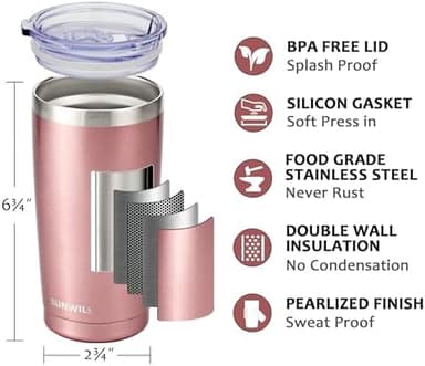 SUNWILL Travel Coffee Tumbler 20 oz, Insulated Mug with Lid, Stainless Steel Cup for Hot and Cold Drinks, Rose Gold - Image 3