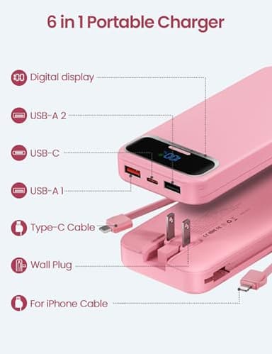 12000mAh Lightweight-Portable-Charger-Power-Bank with Built-in Cables and AC Wall Plug, PD20W USB-C Fast Charging Battery Pack, LED Display External Travel Phone Charger for All iPhone,Samsung,Android - Image 2