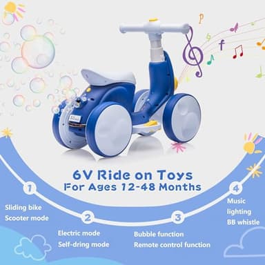 JoyRydz 6V Electric Baby Balance Bike with Bubble Machine,4 in 1 Toddler Balance Bike w/Remote Control for 1 Year Old Boys Girls Kids Bubble Bike Ride on Toys w/Powered Motor,Music,LED Lights (Blue) - Image 2