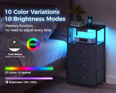 Casaottima Night Stand Set 2, Bedside Tables with Charging Station, LED Nightstand with Fabric Drawers, End Table with Open Shelf, Nightstand for Bedroom, Black - Image 4