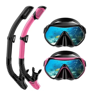 Snorkeling Gear for Adults, Dry-Top Snorkel Set Scuba Diving mask (Black+Pink) - Image 1