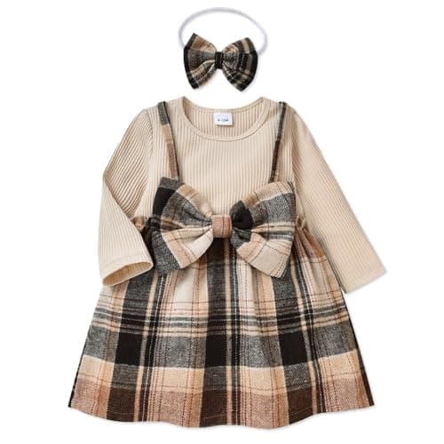 PATPAT Baby Girl Dress Newborn Infant Girls Long Sleeve Fall Ribbed Flannel Dress Toddler Suspender Dress with Bowknot Headband Khaki 6-9 Months - Image 1