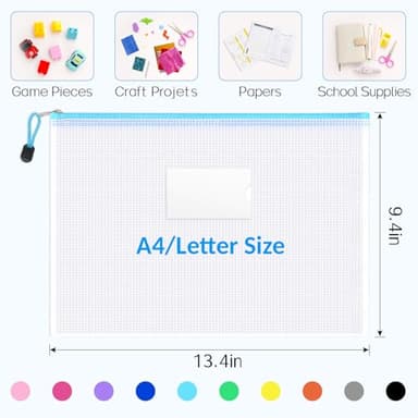 Sooez 20 Pack Mesh Zipper Pouch Bags, A4 Letter Size, Zipper Bags with Label Pocket, Waterproof Pouches for Classroom Organization, Board Game Storage, Document Bag for Teacher School Office Supplies - Image 2