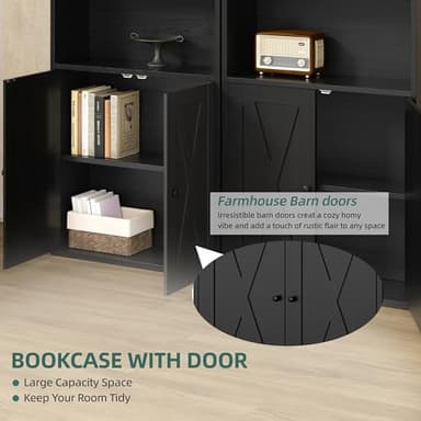 Shintenchi Bookshelf, Industrial Bookshelves and Bookcases with Doors Floor Standing 6 Shelf Display Storage Shelves 70.6 inches Tall Bookcase for Home Office, Living Room (Black) - Image 6