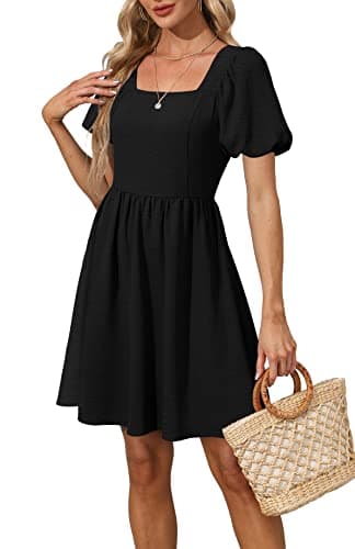 OFEEFAN Plus Size Dresses for Women Black Summer Chiffon Puff Sleeve Square Neck Dress with Tie Bow XXL - Image 4