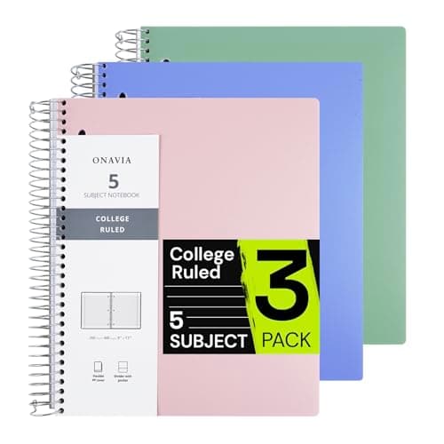 ONAVIA Spiral Notebook for School 3 Pack, 5 Subject, College Ruled Paper, 200 Sheets, 9" x 11", 5 Dividers with Pockets, 3 Hole Punched Perforated, Plastic Cover, Lined Journal Bulk,3 Aesthetic Colors - Image 1