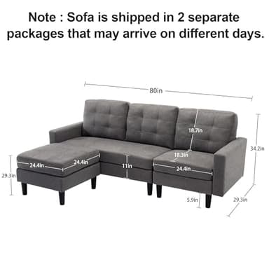 VECELO Convertible Sectional Sofa, Modern Linen Fabric L-Shaped Couch with Reversible Chaise for Living Room/Apartment/Office, Grey - Image 2