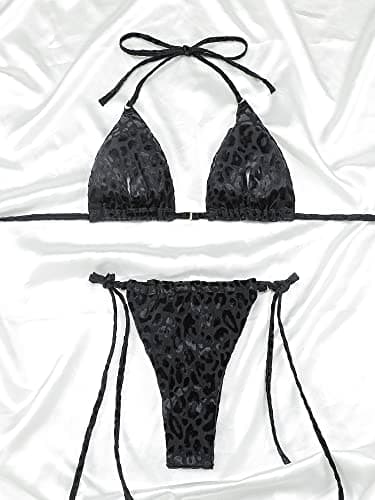 Women Halter String Bikini Set Sexy Thong Cheeky Cheetah Print Two Piece Swimsuits Solid Color Bathing Swimwear (Leopard Print Black, Medium) - Image 5