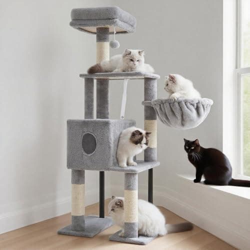 Heybly Cat Tree, 49.2 Inches Cat Tower for Indoor Cats, Spacious Cat House Condo with Hidden Space,Sturdy Steel Tube,Soft Plush Top Perch,Cozy Hammock and Sisal Scratching Posts, Light Gray HCT200SW - Image 1