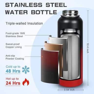 GAZLEMHO 40 oz Insulated Water Bottle with Straw& Spout 2-in-1 Lid, Triple Wall Vacuum Stainless Steel Cold 48H, Leak Proof Sports Metal Flask Jug with Paracord Handle, Black Red - Image 2