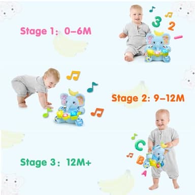 Ryotagift Baby Bilingual Musical Elephant Stuffed Animals Toys,Infant Early Learning Toy with Light-Up Music & Crinkle,Tummy Time Toys for 0 3 6 9 12+ Months for Baby Boy Girl Gift,Blue - Image 2