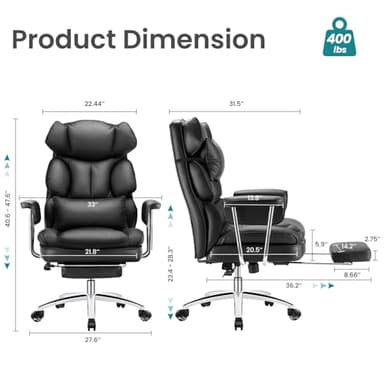 OLIXIS Executive Office Desk Chair, Ergonomic Big Tall High Back Computer Chair with Footrest & Lumbar Support, Reclining Adjustable, Comfy PU Leather Gaming Chair with Outward Fixed Armrests, Black - Image 2