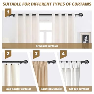 GXOACKJ 2 Pack Curtain Rods for Windows 48 to 84 (Max90) Inches,Black Adjustable 5/8 inch Curtain Rod for Bedroom, Small Decorative Drapery Rods with Twisted Cage Finals - Image 5
