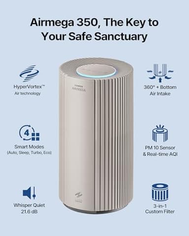 COWAY Air Purifiers for Large Room Whole Home Up to 2,640ft², True HEPA Filter for Smoke, Allergies, Pet Dander, Odor, PM 10 AQI, Turbo Eco Mode, Timer, Energy Star, 3yr Warranty, Airmega 350 Beige - Image 3