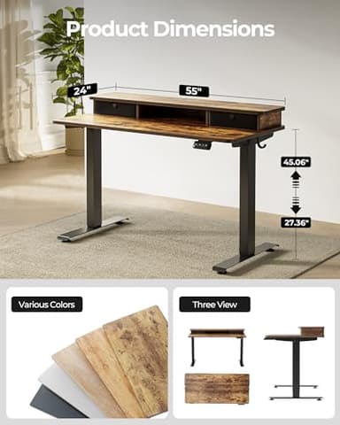FEZIBO 55'' x 24'' Height Adjustable Electric Standing Desk with Double Drawer, Computer Workstation, Home Office Stand Up Table with 4 Height-Adjustable Feets & 2 Hooks, Vintage Brown - Image 4