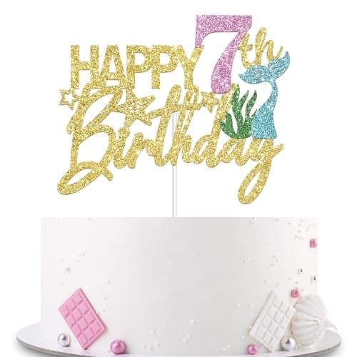 YHEZXUN Mermaid Happy 7th Birthday Cake Topper, Gold Glitter Mermaid Seven Cake Decoration Ocean Theme for Girl 7 Years Old Birthday Party Cake Decor - Image 1