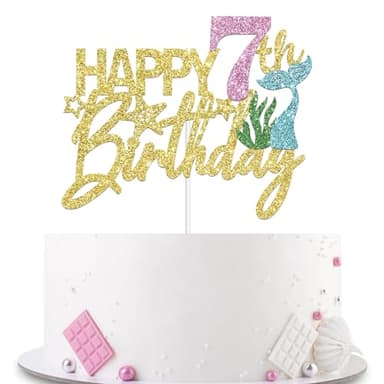YHEZXUN Mermaid Happy 7th Birthday Cake Topper, Gold Glitter Mermaid Seven Cake Decoration Ocean Theme for Girl 7 Years Old Birthday Party Cake Decor - Image 1