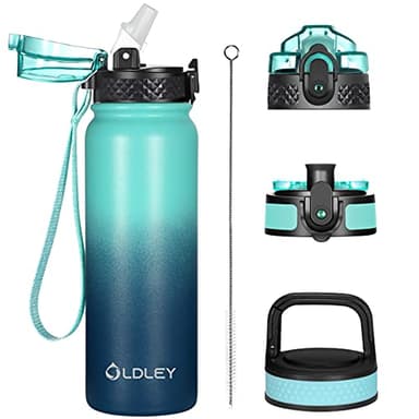 Oldley Insulated Water Bottle 20oz for Adults Kids Stainless Steel Water Bottles with Straw/Chug/Carabiner 3 Lids Fruit Strainer Double Wall Vacuum Wide Mouth BPA Free Leak-Proof for School Travel - Image 1
