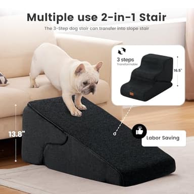 Gardner Pet Dog Stairs for Small Dogs 16.5" H, 2 in 1 Transformable 3-Step Pet Stairs and Dog Ramp for Couch (13-20 in), Black Adjustable Pet Steps with Non-Slip Waterproof Cover and CertiPUR-US Foam - Image 2