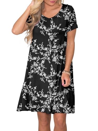 lionstill Women's Casual T Shirt Dress Summer Fashion Short Sleeve Swing Floral Dresses with Pockets, Carved White XL - Image 2