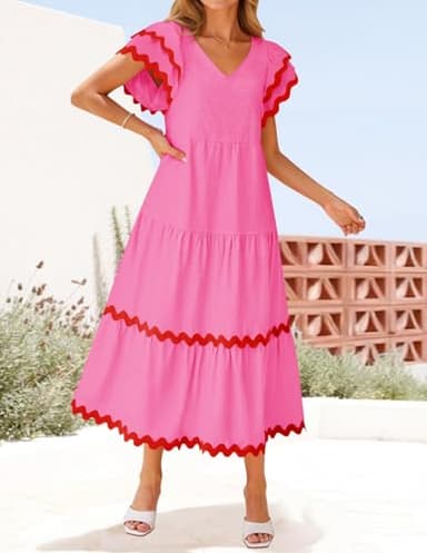 ZESICA Womens 2025 Summer Casual Midi Dresses V Neck Flutter Short Sleeve Ruffle Tiered A Line Flowy Beach Long Dress,Rose,X-Large - Image 2