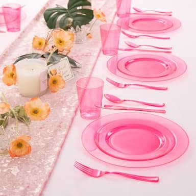 WDF 25 Guest Pink Plates with Pink Plastic Silverware&Pink Cups-Neon Clear Disposable Dinnerware include 50 Plates,25Forks, 25 Knives, 25 Spoons,25 Plastic Cups for Party and Baby Shower - Image 8