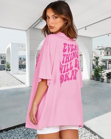 Womens Oversized Tshirt Graphic Tees Crew Neck Summer Short Sleeve Loose Fit Tops (A-Letter Print Pink, L) - Image 3