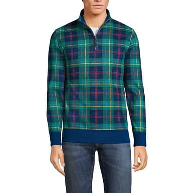 Lands' End Mens Bedford Rib Quarter Zip Sweater Green/Navy/Heritage Red Plaid Regular Medium - Image 1