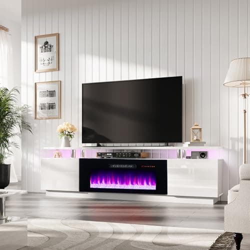 AMERLIFE Fireplace TV Stand with 40" Fireplace, 80" Modern High Gloss Fireplace Entertainment Center LED Lights, 2 Tier TV Console Cabinet for TVs Up to 90", Ivory White - Image 1
