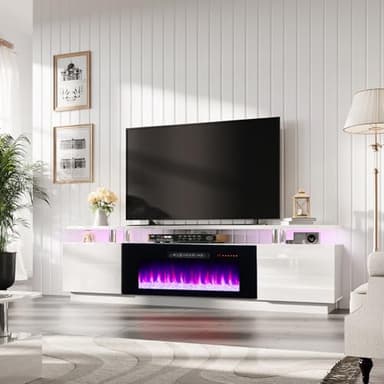 AMERLIFE Fireplace TV Stand with 40" Fireplace, 80" Modern High Gloss Fireplace Entertainment Center LED Lights, 2 Tier TV Console Cabinet for TVs Up to 90", Ivory White - Image 1