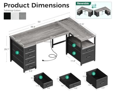 Coleshome L Shaped Computer Desk with 6 Drawers & Power Outlet, 55 Inch Corner Desk with Reversible Storage Shelf & File Drawer, Home Office Desk, Grey Oak - Image 3