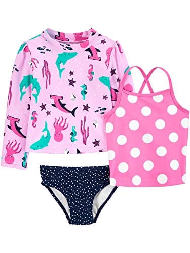 Simple Joys by Carter's Girls' 3-Piece Assorted Rashguard Sets, Sea/Polka Dots, 4T - Image 1