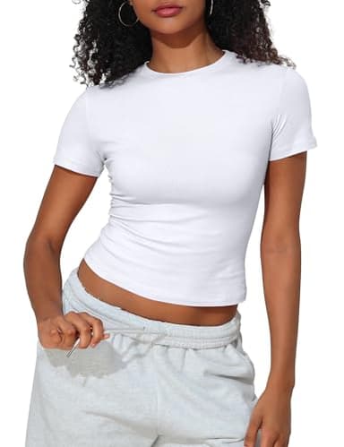 PrettyGuide Women's Casual Summer Basic Tops Crew Neck Short Sleeve Fitted T Shirt Trendy Baby Tee White M - Image 7