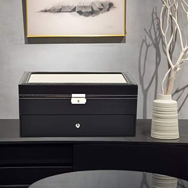 Siveit 12 Grids Sunglass Organizer Leather Eyeglasses Collector Double-Layer Eyewear Display Case Lockable Storage Box, Black - Image 5