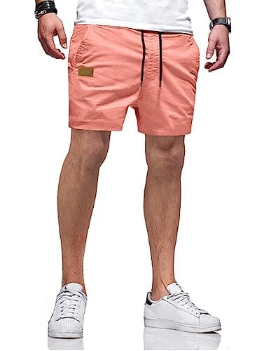 JMIERR Shorts Men Casual - Cotton Drawstring Summer Beach Stretch Twill Chino Golf Dress Shorts with Pockets Elastic Waist, L, A4 Pink - Image 1