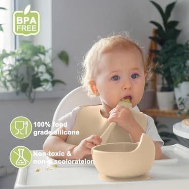 Munlinder Silicone Baby Feeding Set | Baby Led Weaning Supplies Includes Suction Bowls and Divided Plates, Adjustable Bib, Baby Utensils Spoons and Forks,Cup | Baby Feeding Essentials (Beige) - Image 2