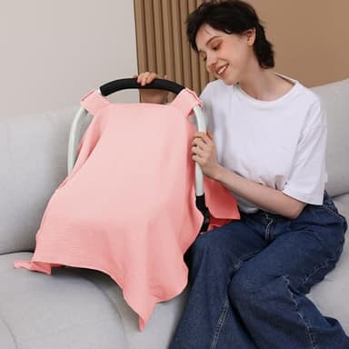 100% Muslin Cotton Car Seat Cover Baby, Carseat Canopy Cover, Universal Fit Stroller Covers for Boys and Girls (Pink) - Image 4
