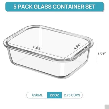 Vtopmart 5Pack 22oz Glass Storage Containers with Lids, Glass Meal Prep Food Container Sets with Snap Airtight Lids for Microwave, Oven, Freezer and Dishwasher - Image 3