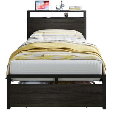 LIKIMIO Twin Bed Frames with Drawer, Storage Headboard with Outlets, No Box Spring Needed, Easy Assembly, Gray Black - Image 9
