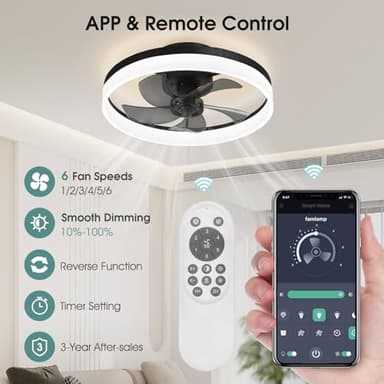 AHAWILL Low Profile Ceiling Fans with Lights,19.7" Flush Mount Ceiling Fan with Remote,Reversible,Noiseless,Dimmable,Black Fandelier Chandelier Ceiling Fan for Bedroom. - Image 3